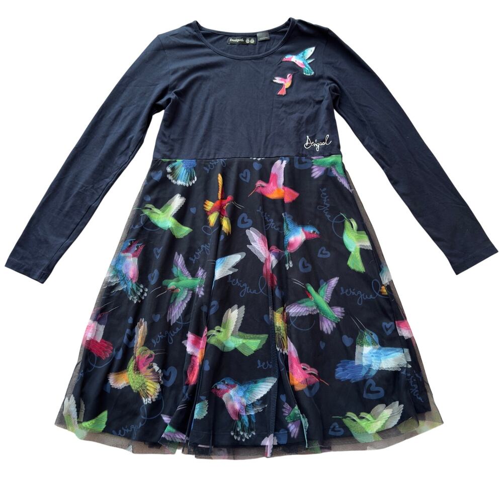 Desigual Girls Hummingbird Mesh Overlay Dress Size 13/14 Navy Long Sleeve